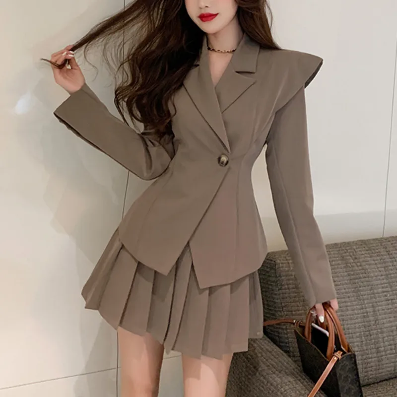 

Women Skirts Suits 2021 Summer 2 Piece Sets Preppy Style Jacket Mini Pleated Skirts Korean Fashion Solid Ladies Ensembles Femme