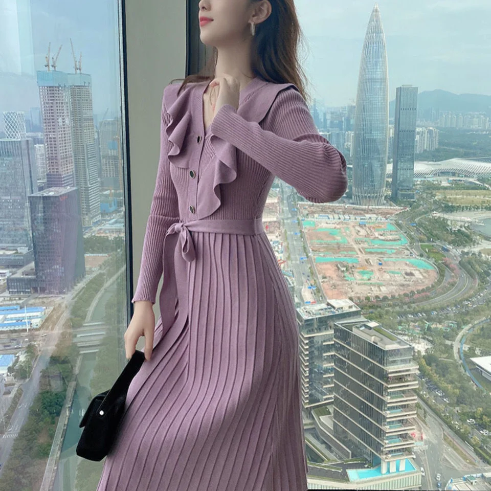 Осенний вязаный Повседневный свитер пуловер платье для женщин с поясом теплый