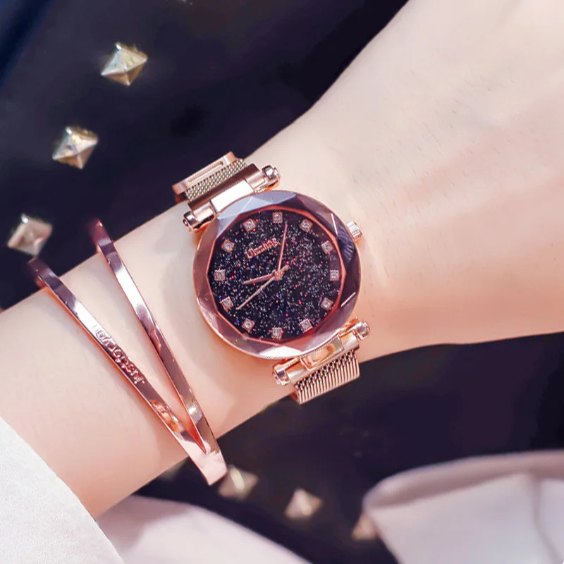 Модные женские часы фиолетовые стильные со стразами и сетчатым ремешком