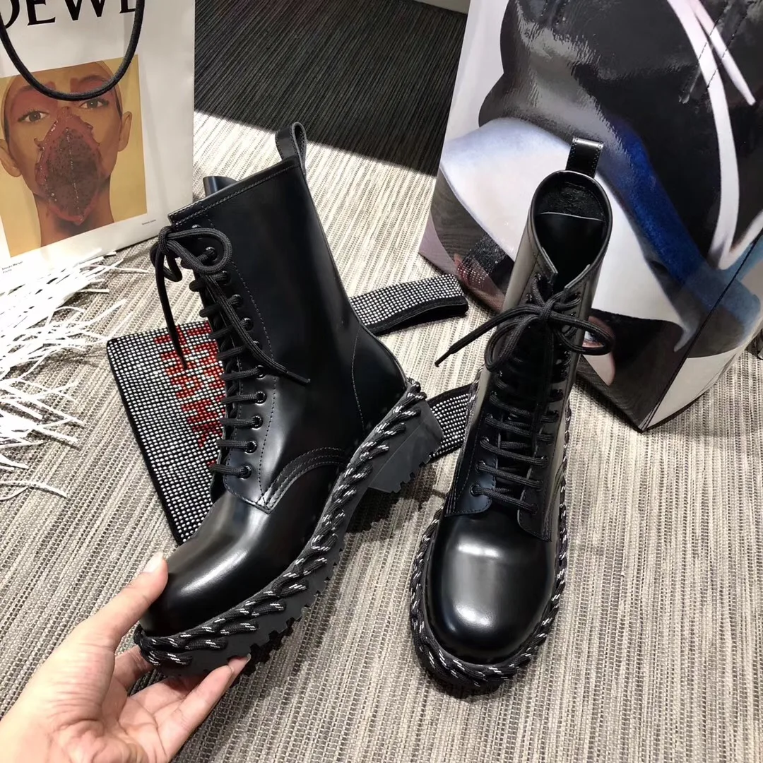 Zapatos de mujer женские ботильоны из натуральной кожи черного цвета модные шнурки