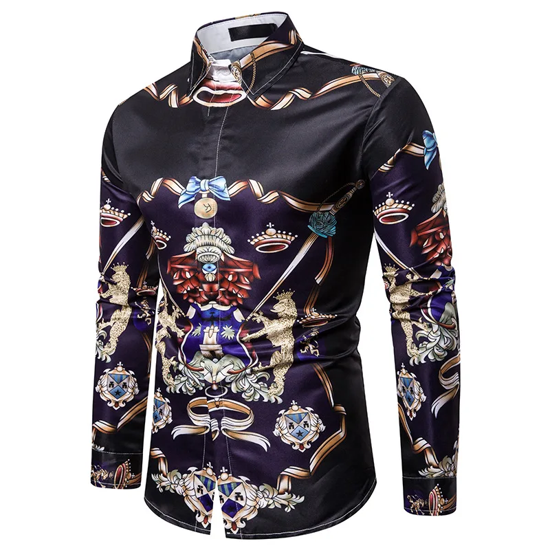 Luxury Royal Mens Shirts Casual Slim Fit Cross Gemstone Printed Long Sleeve Slim Fit Chemise Homme Men Prom Party Tuxedo Shirt