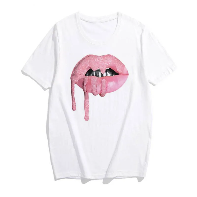 Модные женские летние футболки с принтом красных губ Повседневная футболка для
