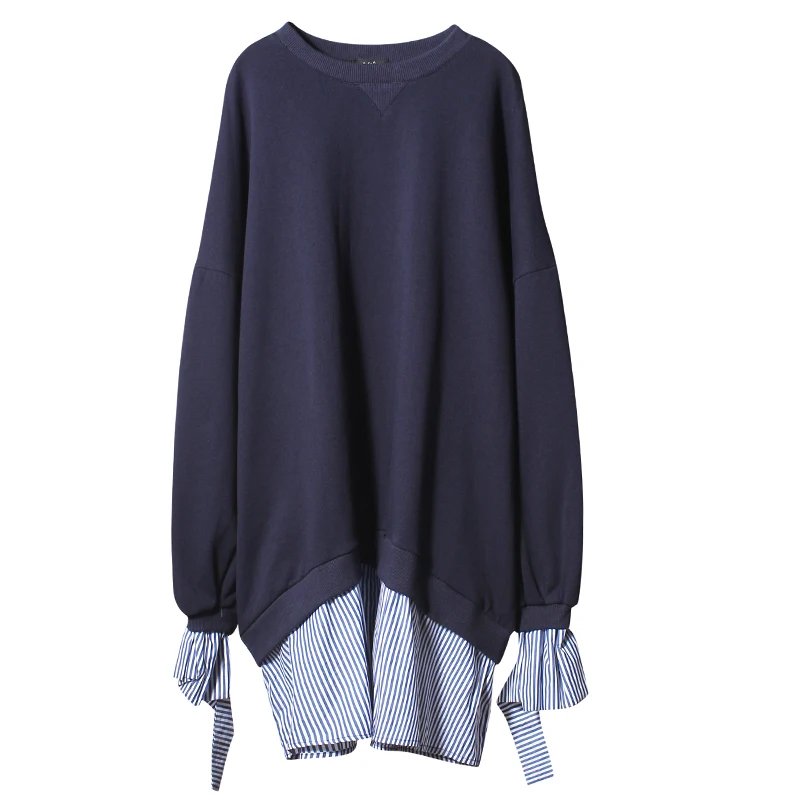 

SuperAen Hoody Pluz Size Sweatshirts Female Autumn New 2021 Fashion Ladies Sweatshirts Striped Fake Two-piece Women Clothing