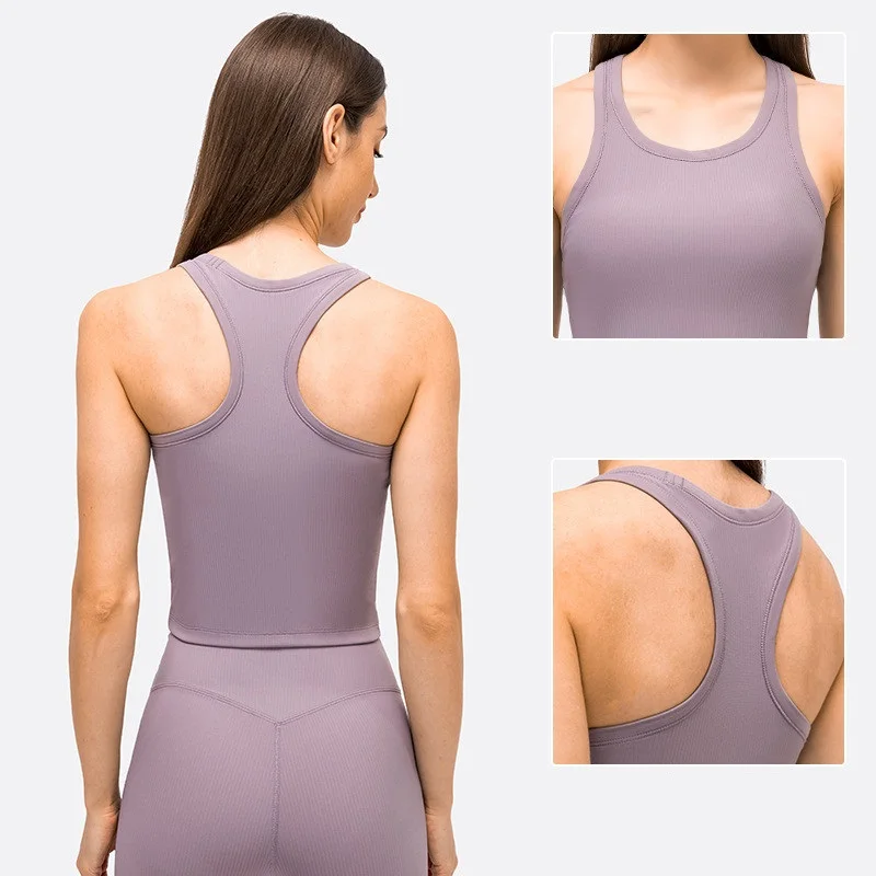 

New Arrival High Quality 75%nylon25 %spandex Ribbing Tight Sports Bra Yoga Vest Top High Impact Shockproof Removable Chest Pad