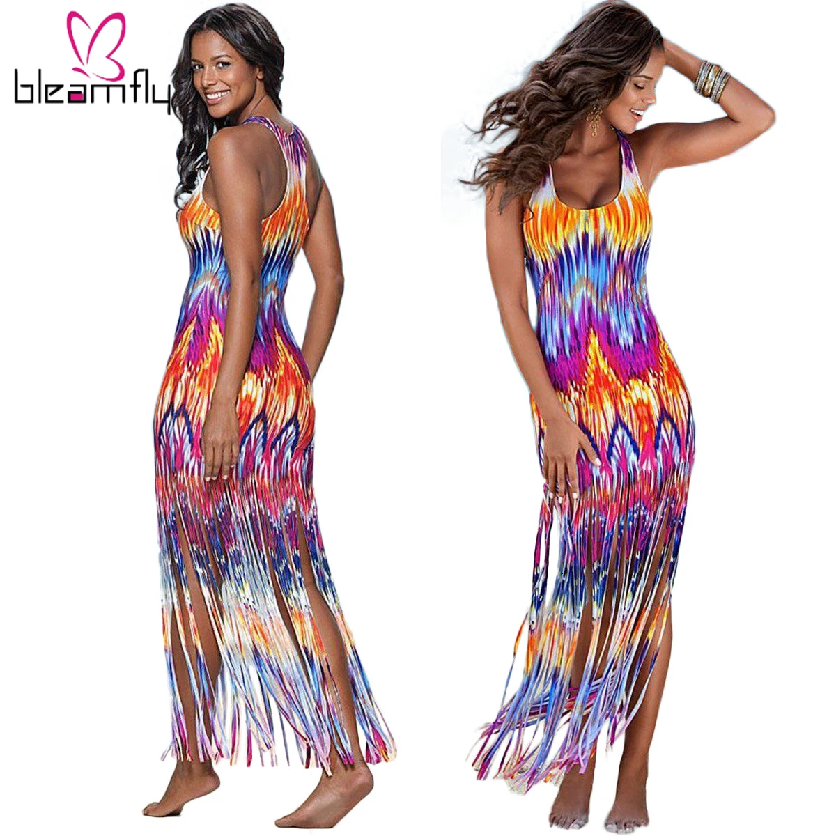 Осень Для женщин тай дай волна из набивной ткани с кисточками по краю миди