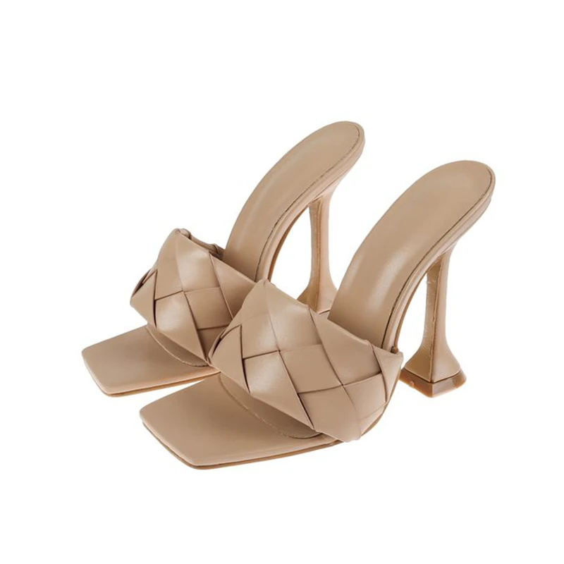 

2021 New Fashion Weave Design Shoes Woman Slippers Summer Square Toe High Heels Sandals Women Dress Party Shoes Size 42