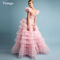 verngo elegant baby pink a line prom dresses off the shoulder tiered ruffles organza a line floor length evening gowns