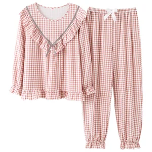 Женская одежда для сна с длинным рукавом, милый клетчатый пижамный комплект, Весенняя Осенняя Пижама, ночная рубашка для молодых девушек, Повседневная Домашняя одежда, пижамы для женщин