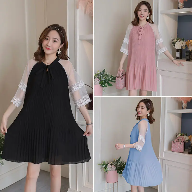 

2020 New Korean Summer Fashion Women Clothes Vacation Dresses Half Sleeves Pullover Stitching Lace Loose Chiffon Dress Pleated