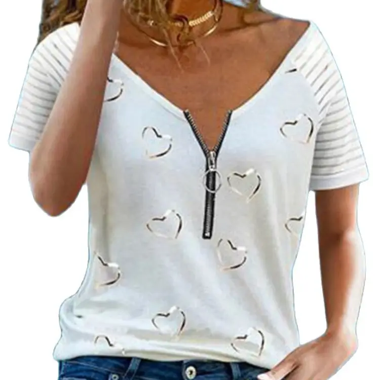 

2021 Summer t Shirt Women Short Sleeve Zipper V Neck Heart Print Tees Ladies Top Casual t Shirt Loose Women Tops