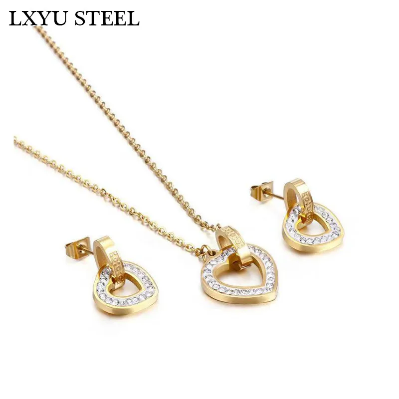 Корейский набор колье и сережек с сердечками сережки золотого цвета|Ювелирные