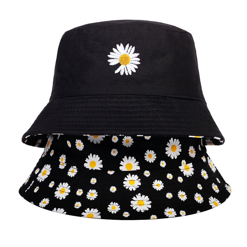 

New small daisy embroidery fisherman hat double-sided wearable bucket hat summer outdoor sunshade sunscreen hat casual hats