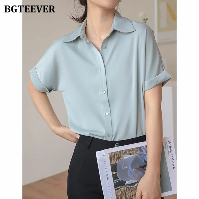 

BGTEEVER Chic Elegant Lapel Short Sleeve Female Solid Shirts 2021 Summer Loose Single-breasted Women Blouses Casual Ladies Tops