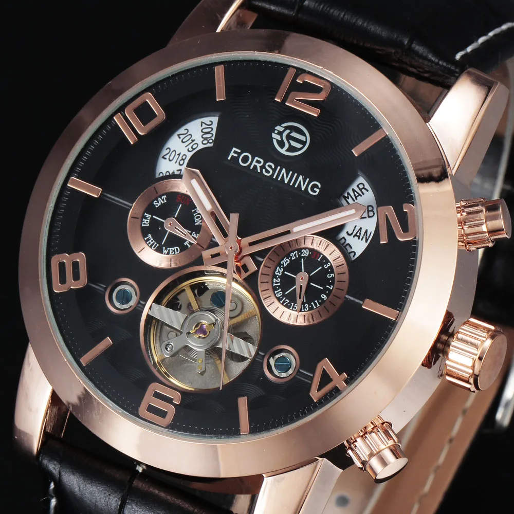 

FORSINING Brand Tourbillion Automatic Mens Watches Luxury Leather Strap Calendar Mechanical Rose Gold Wristwatch Gift Men Clock