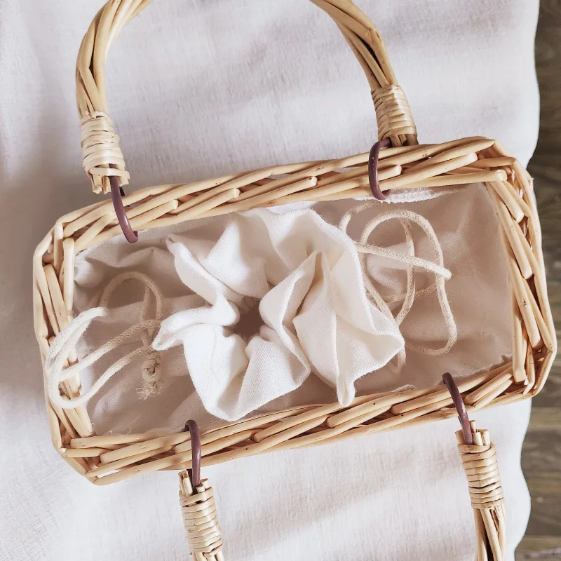 

Casual Round Square Rattan Ladies Hand Bags Wicker Woven Top-handle Women Handbags Lace Bow Totes Women's bag Summer Beach Bags