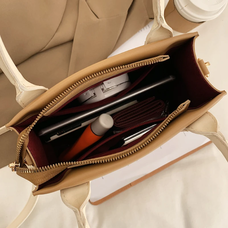 

Solid Color Portable Square Tote Bag with Thread Women PU Large Capacity Shoulder Handbag Elegant Female All-match Diagonal Bags