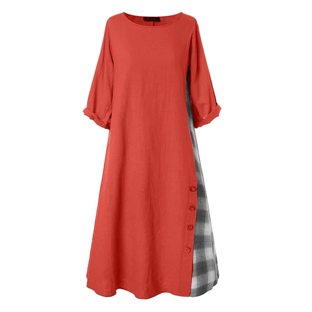 MISSOMO Винтаж 5XL женское повседневное лоскутное платье с 3/4 рукавами и круглым вырезом на пуговицах с высоким низким подолом размера плюс женское длинное платье макси 711