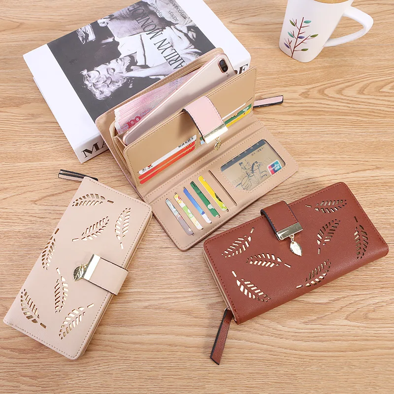

2020 Women Wallet PU Leather Purse Female Long Wallet Gold Hollow Leaves Pouch Handbag for Women Coin Purse Card Holders Clutch