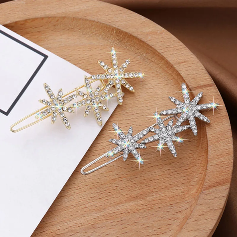Фото Модные заколки для волос со снежинками и звездами шпильки золотого серебряного