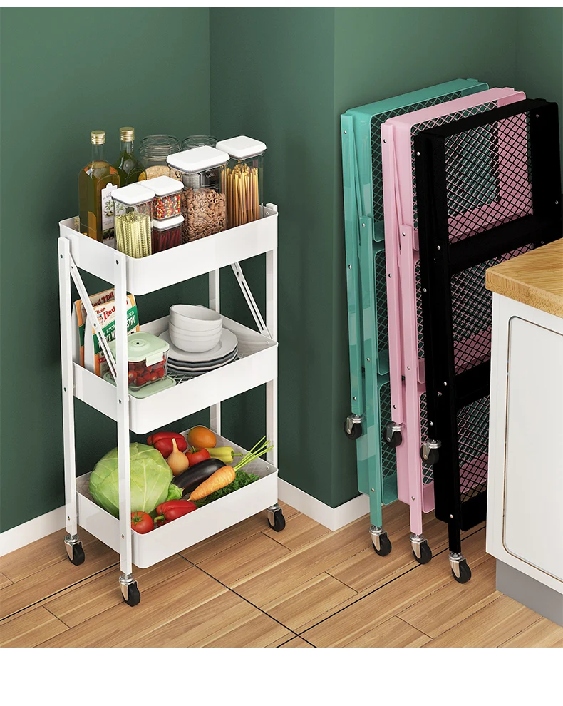 Installation-Free Floor-Mounted Movable Bathroom Kitchen Snacks Fruit And Vegetable Folding Trolley Storage Rack