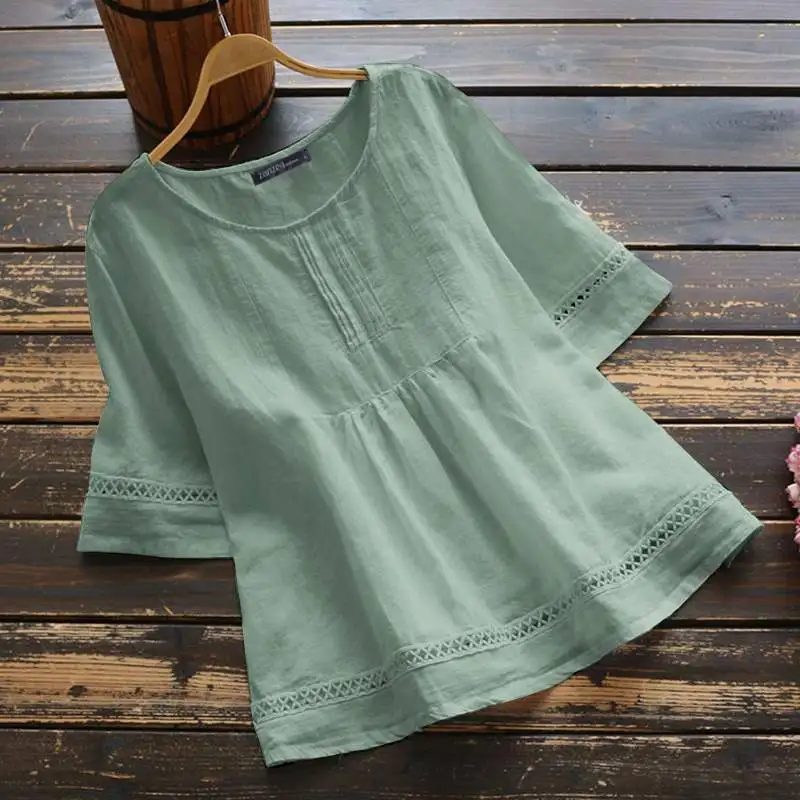 

Women Vintage Casual Chemise ZANZEA Solid Color Cotton Blouses Half Sleeve O-Neck Spliced Shirt Hollow Out Tops Plus Size 5XL