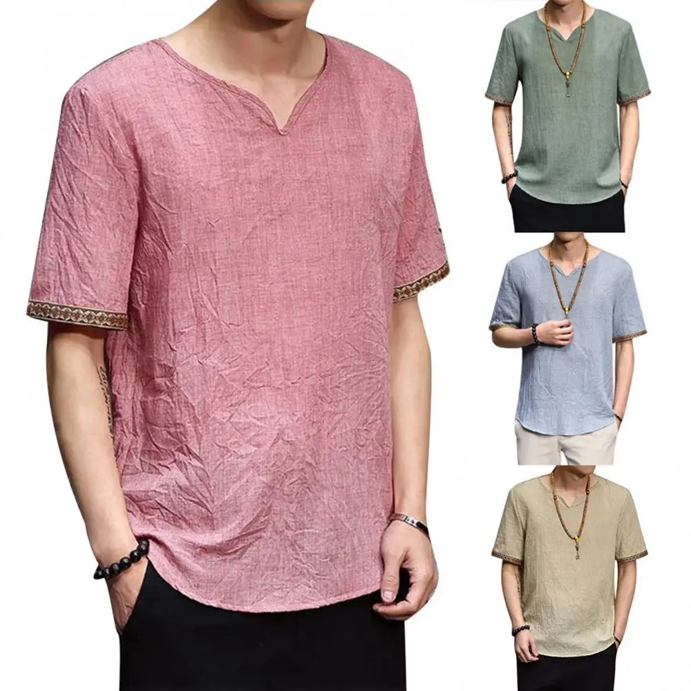 

Футболка мужская в стиле ретро, льняная рубашка, короткий рукав, V-образный вырез, однотонная Повседневная дышащая, в стиле пэчворк