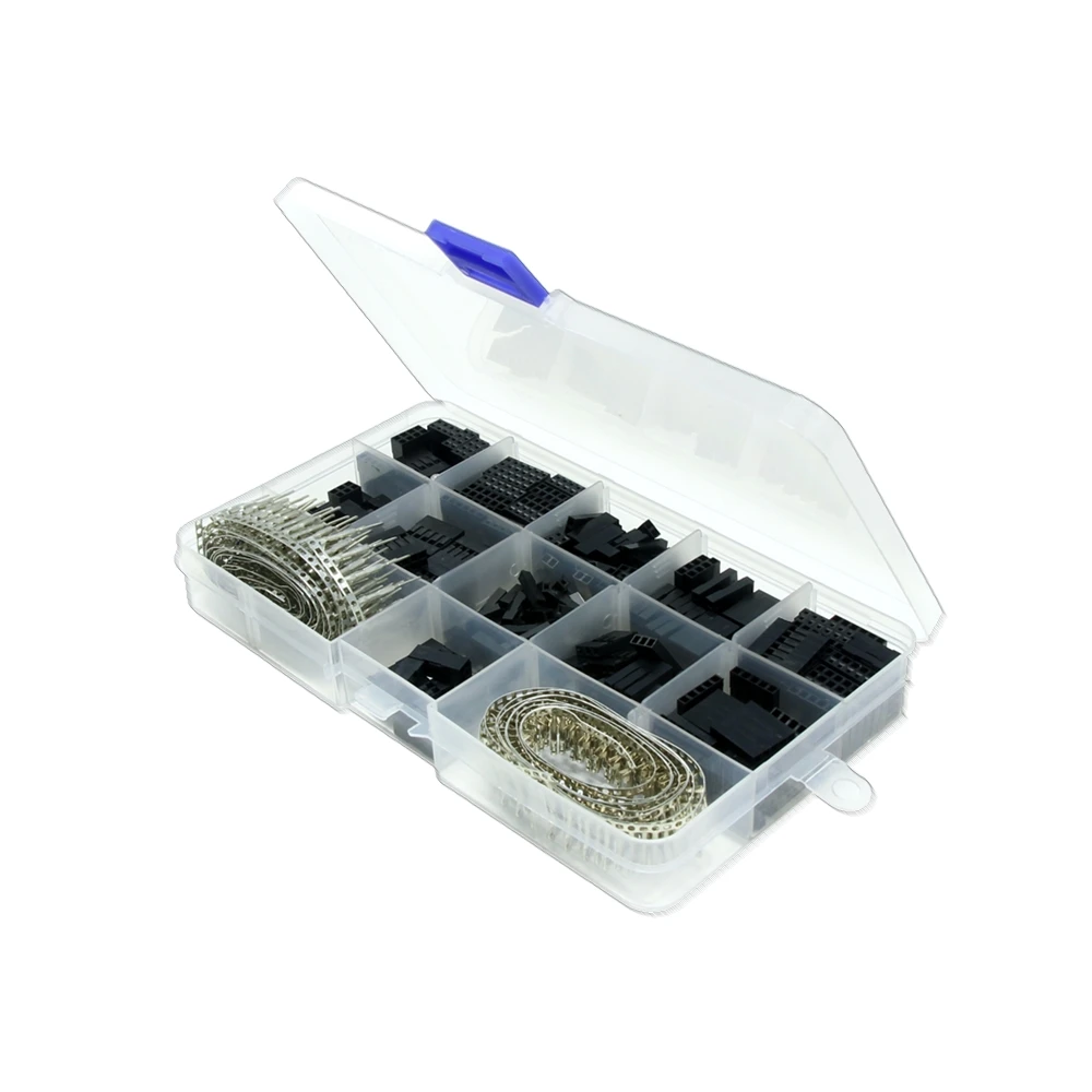 Комплект разъемов Dupont 2.54 мм на 620 штук с мужскими кримп-контактами и женскими терминалами.