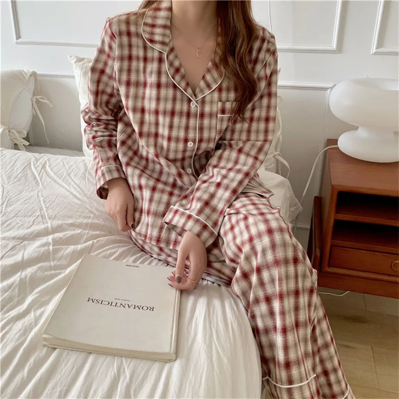 

classic lover plaid home set grid pajamas set lady casual long sleeve sleepwear pj daily wear men clothes couples 2 pieces