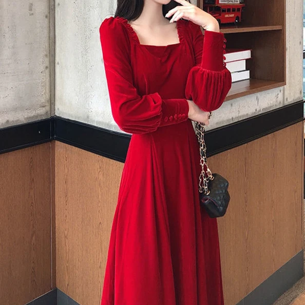 

Square collar dress French long high-level velvet temperament red dress skirt women spring autumn plus size dress