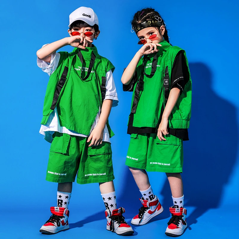 

New Jazz Dance Costumes For Boys Summer Green Hiphop Outfits Girls Hip Hop Dancing Clothes Performance Street Dance Wear DQS4901