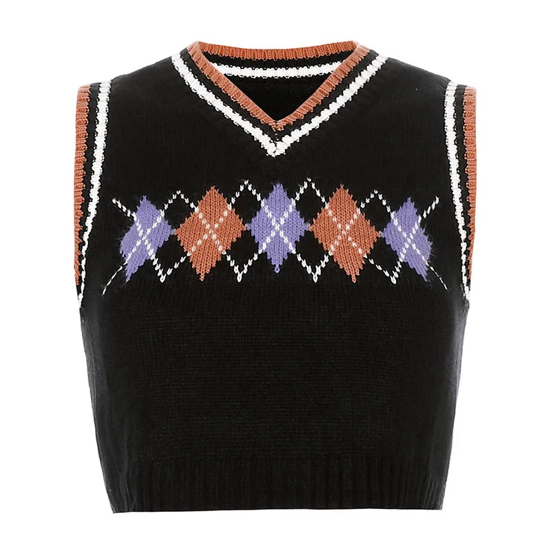 

Argyle Plaid Knitted Tank Top Female Streetwear Preppy Style Y2K Clothes Stripe VNeck Cropped Knitwear 90s Sweater Vest Korean