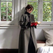 New grey coat autumn winter loose coat lace up Hepburn double-sided cashmere long windbreaker Britis