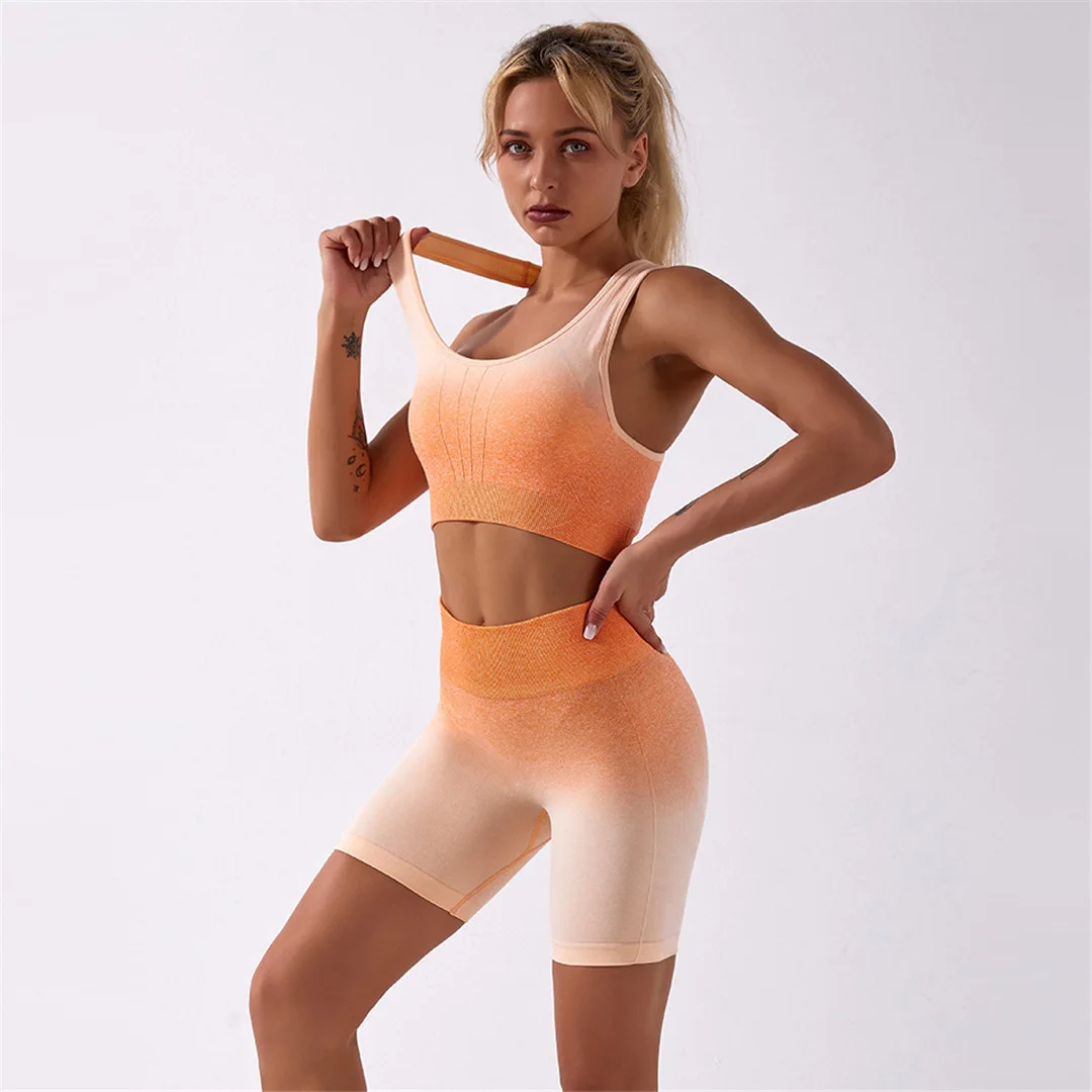 Ombre Seamless 2 Pieces Set Women Suit Gym Workout Clothes Sport Bra Fitness Crop Top And Shorts Pants Leggings Yoga A014TS | Спорт и