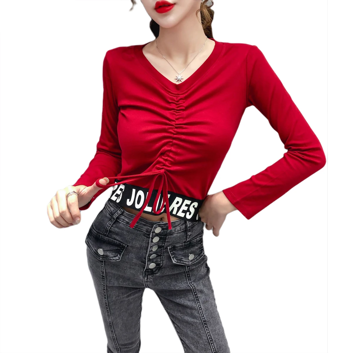 

Women Long Sleeve Crop Top Drawstring Lace-up Top Fashion Long Sleeve Top for Women Ladies