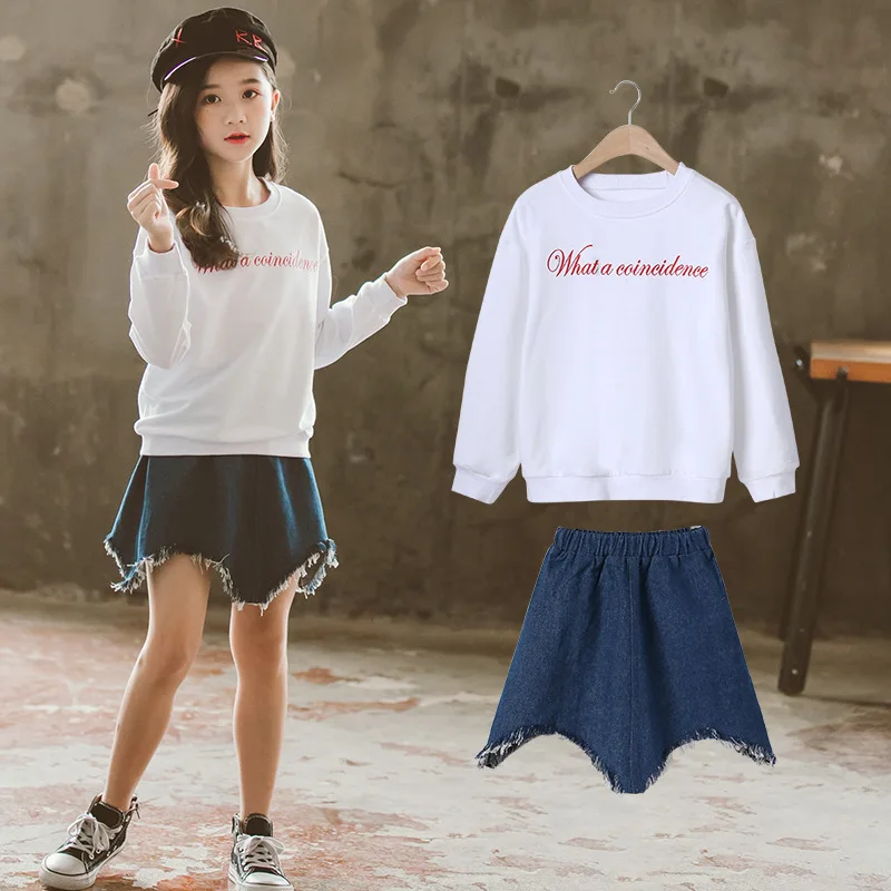 Детская одежда весенний комплект для девочек 2020 с джинсами хлопковая белая кофта