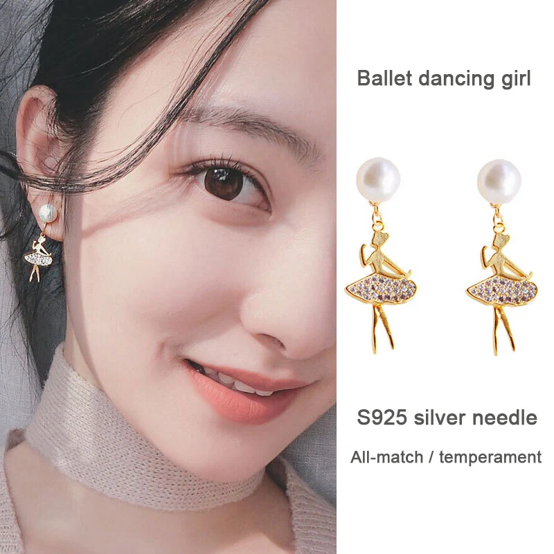 

2021New Accessoires S925 Silver Fashion Creative Ballet Girl Ladies Earrings Set with Sparkling Crystal Modern Women's Jewelry