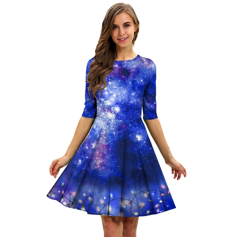 

Women Christmas Half Sleeves Round Neck Swing Midi A-Line Dress Colorful Cartoon 3D Printed Pullover Pleated Flared Holiday Part
