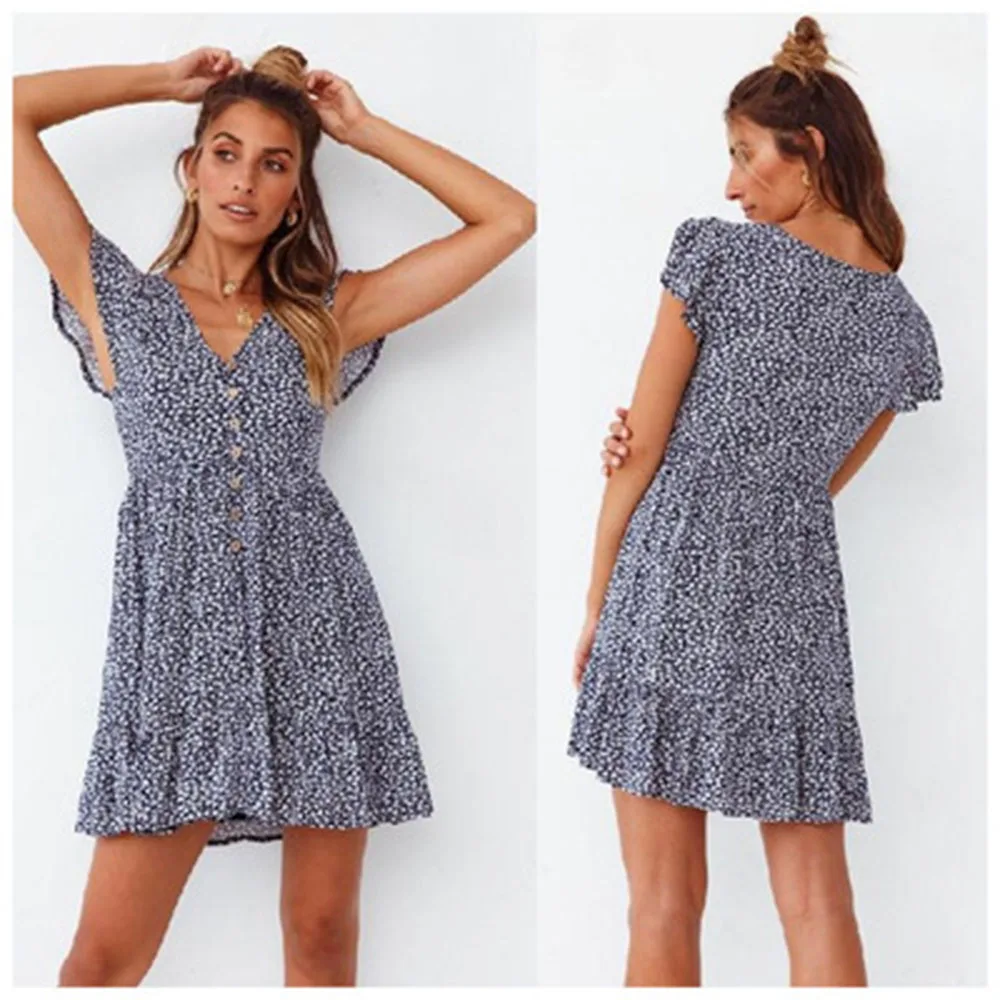 

Womens Summer Dresses Fashion Print Lotus Leaf Short Sleeve Buttons Casual Loose Floral V Neck Woman Beach Dress 2021robe Femme