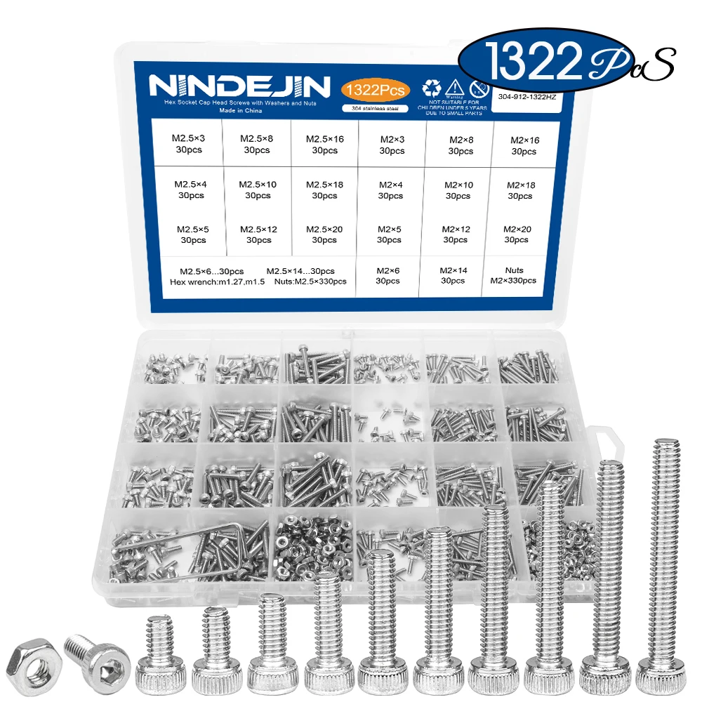 

NINDEJIN 1322pcs/set Hexagon Socket Head Cap Screw and Nut Stainless Steel M2 M2.5 Hex Socket Countersunk Button Head Screw Set
