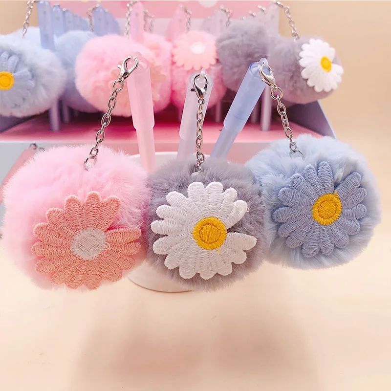 

30 pcs/lot Kawaii Daisy Hairball Pendant Gel Pen Cute 0.5mm Black Ink Neutral Pens Promotional Gift Stationery School Supplies