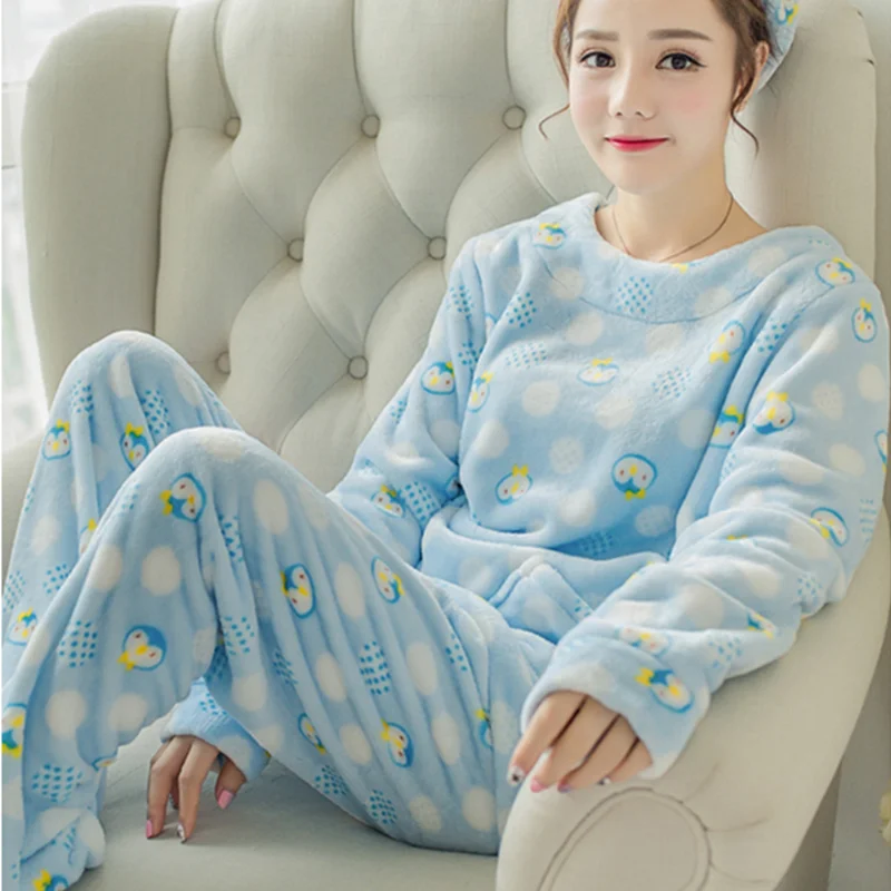 UHYTGF Pyjamas Women Flannel Pullover Warm Autumn Winter Sleepwear Sets Female Cute Student Casual Homewear Nightgown Suit 1862