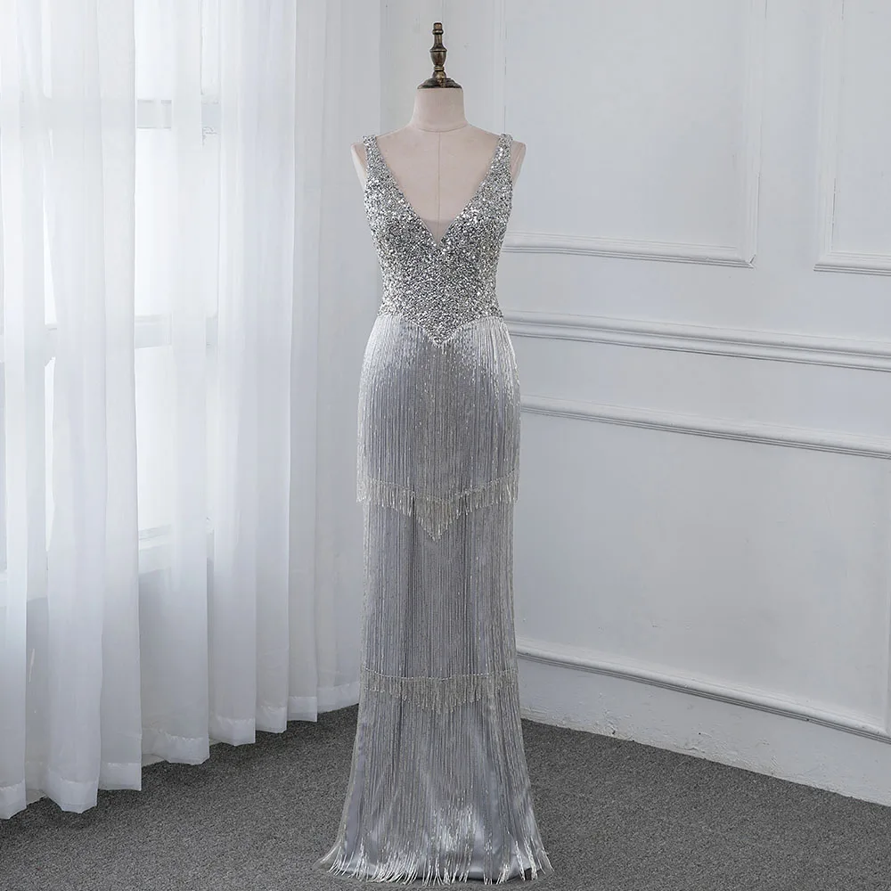 Роскошное Серебряное Вечернее платье с блестками и стразами длинное вечернее v