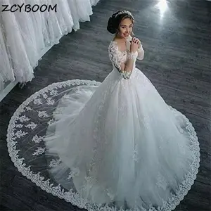 Illusion White/Ivory Wedding Dresses 2022 Long Sleeves Appliques Lace Beads Sequins Bride Dress Prin