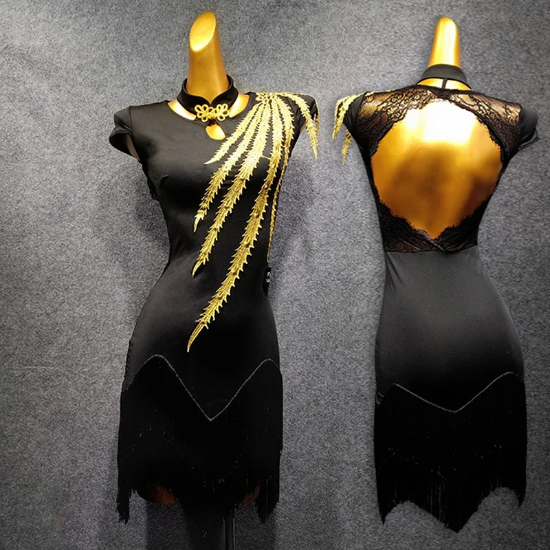 Женское платье для латиноамериканских танцев черное кружевное с бахромой на