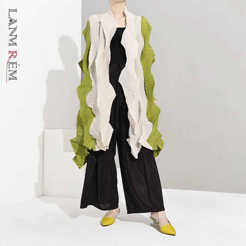 

LANMREM 2021 Spring Summer Fold Coat Women Stitching Color Cardigan Female's Long Sleeve Asymmetrical Coats WJ20606
