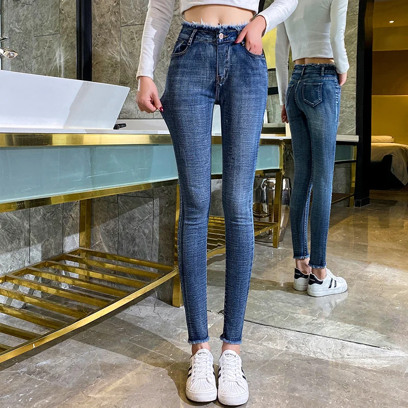 

Elastic Skinny Jeans Woman Plus Size High Waist Pencil Pants Denim Tassel 2021 New Solid Wash Fashion Slim Jeans Black Stretch