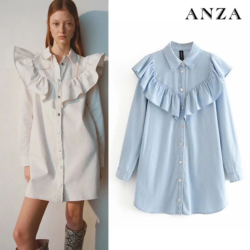 Женская Джинсовая блузка с оборками на воротнике ZA однотонная длинными рукавами