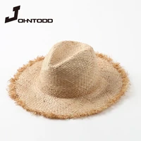 new handmade womens straw hat with big wide brim for girls high quality natural raffia panama beach straw hat vacation sun hat