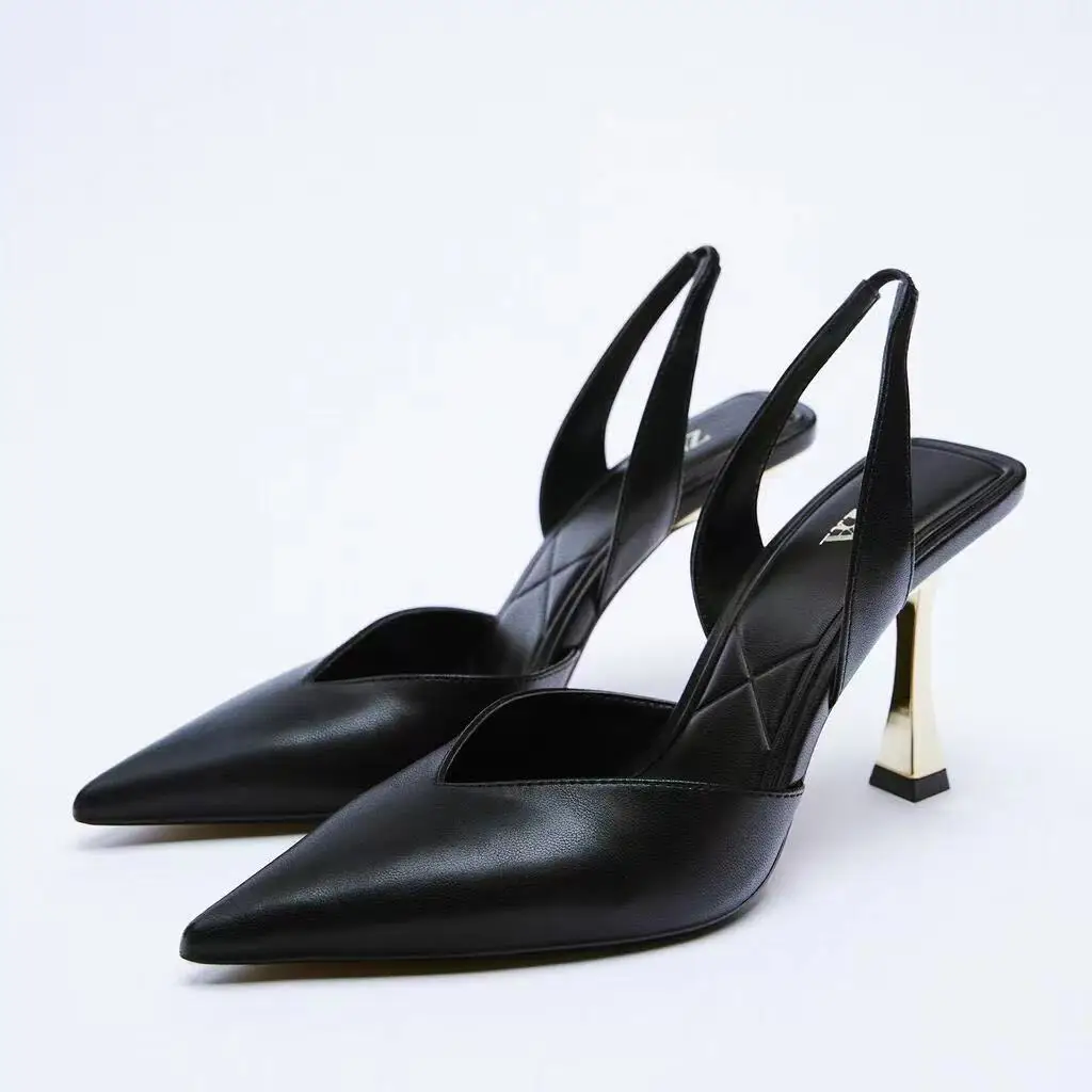 

2021 Metallic Slingback High Heeled Shoes Women Sexy V-cut Vamp Party Pump Woman Fashion Long Pointed Toe Heels Black Sandals ZA