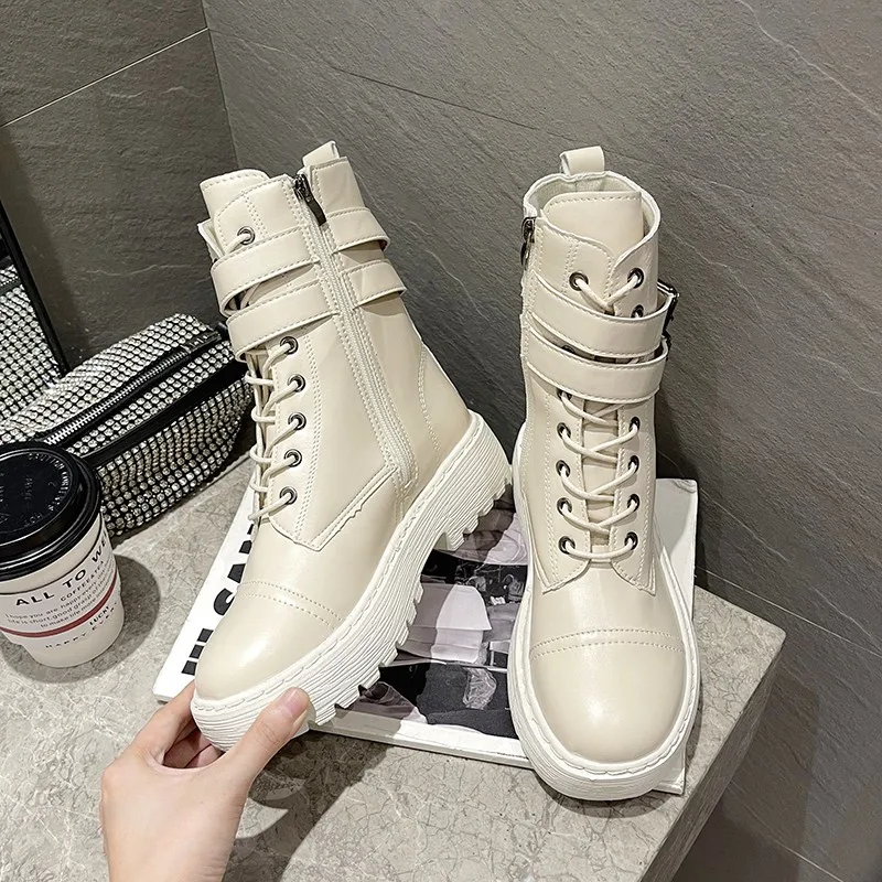 Platform women's ankle boots 2022 autumn and winter warm plush PU leather Botas Mujer platform lace-up shoes women